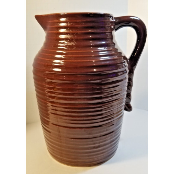 Brown Stoneware Pottery Pitcher vase Planter Ring/Rib Design 10" Vietnam - Picture 1 of 5